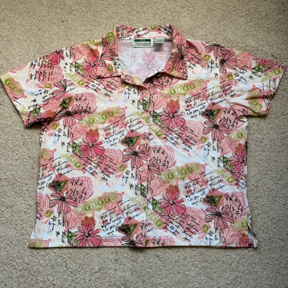 Shenanigans Petite XL Pink Floral Postcard Print Short Sleeve Button Down Shirt